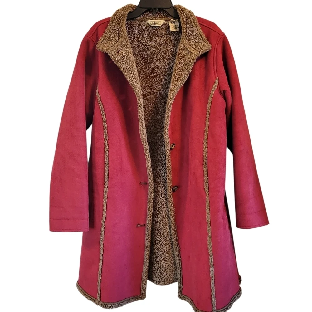 L.L. Bean Red Faux Suede Brown Sherpa Long Coat